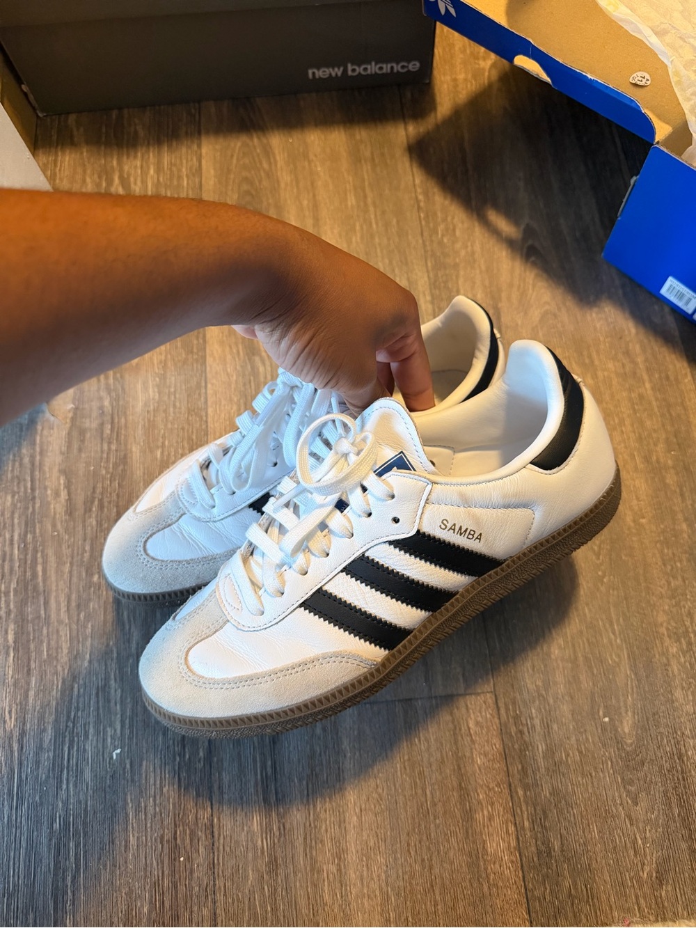 adidas Samba Leather Sneaker in White with Black Stripes and Gum Sole